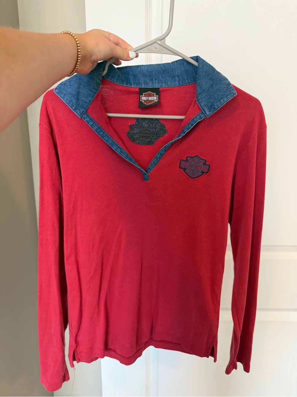 Harley-Davidson Red Long-Sleeve Polo with Denim Collar